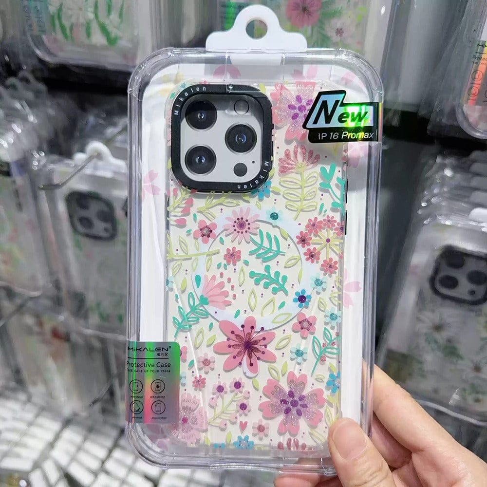 Introducing the Floral MagSafe iPhone 16 Pro Max Case, a stunning clear cover featuring a 3D flower design. This new case is not only MagSafe compatible but also provides shockproof protection with its TPU + PC protective shell, offering both style and functionality for your device. Perfectly displayed on a store rack, it's an ideal choice for your iPhone 16 Pro Max.