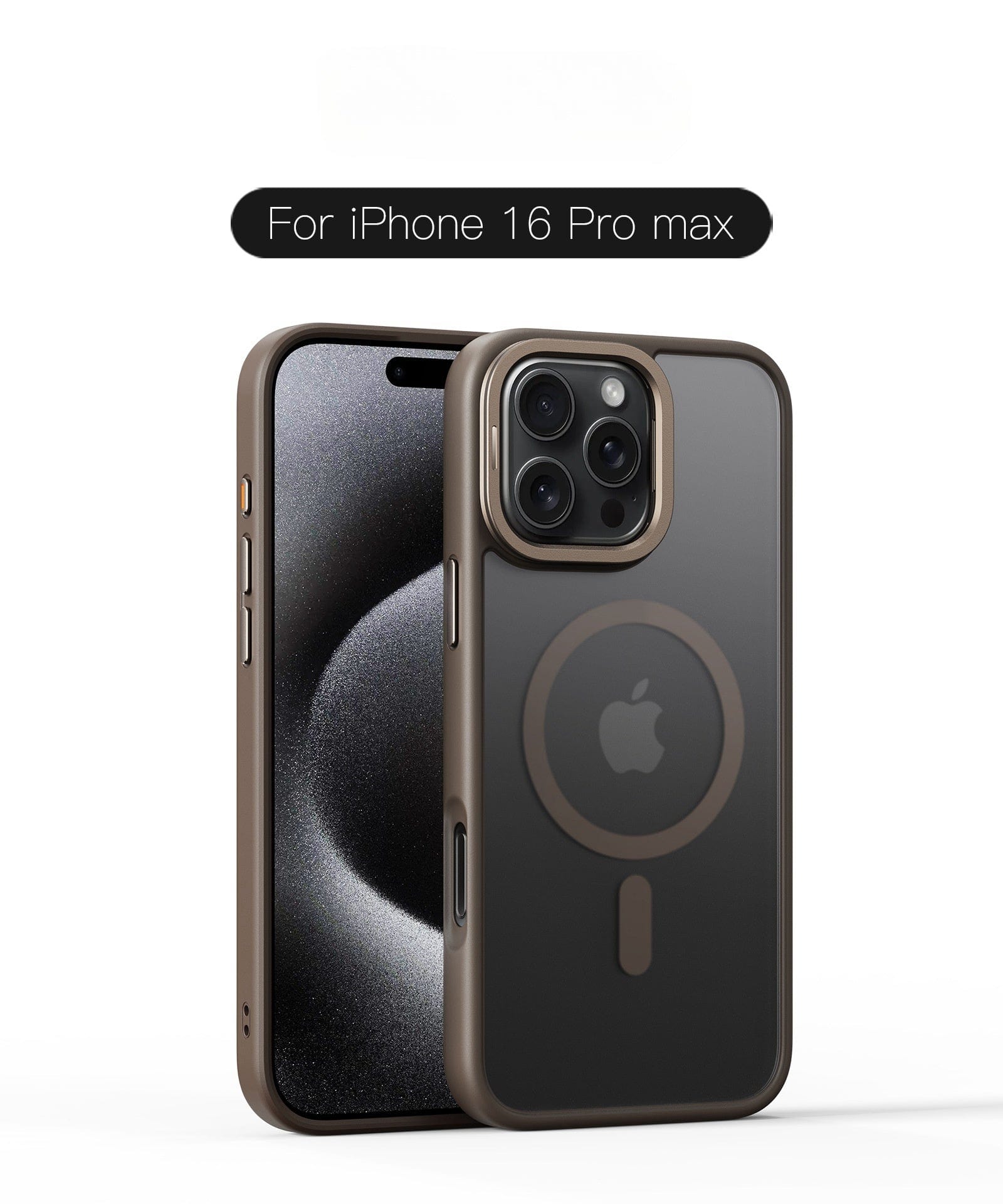 iPhone 16 Pro Max with a gold MagSafe case featuring an invisible stand, large camera module, and logo on the back. This case is enhanced with rubber coating technology and offers magnetic absorption for seamless connectivity.