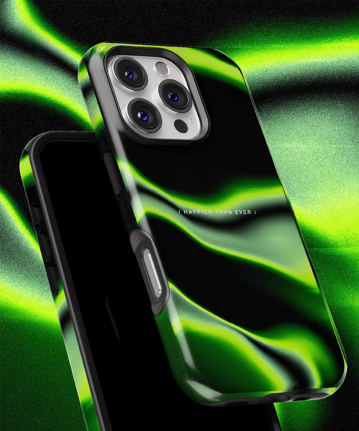 Two smartphones, among them the Abstract Wave iPhone 16 Pro Max Case, feature a green and black abstract wave design that exudes modern sophistication. The text "Happier Than Ever" adds a bold touch against the matching background.