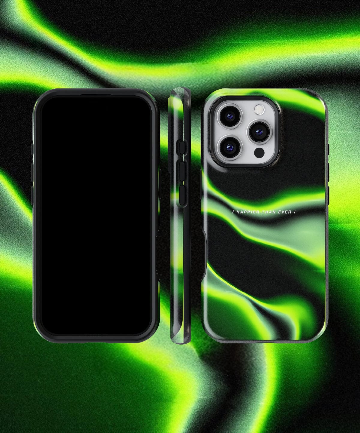 An iPhone 16 Pro Max, displayed front and back, showcases a black screen paired with the eye-catching Abstract Wave iPhone 16 Pro Max Case - Sleek Design with "Happier Than Ever" Quote. Its contemporary aesthetic is accentuated against a coordinated green abstract backdrop.