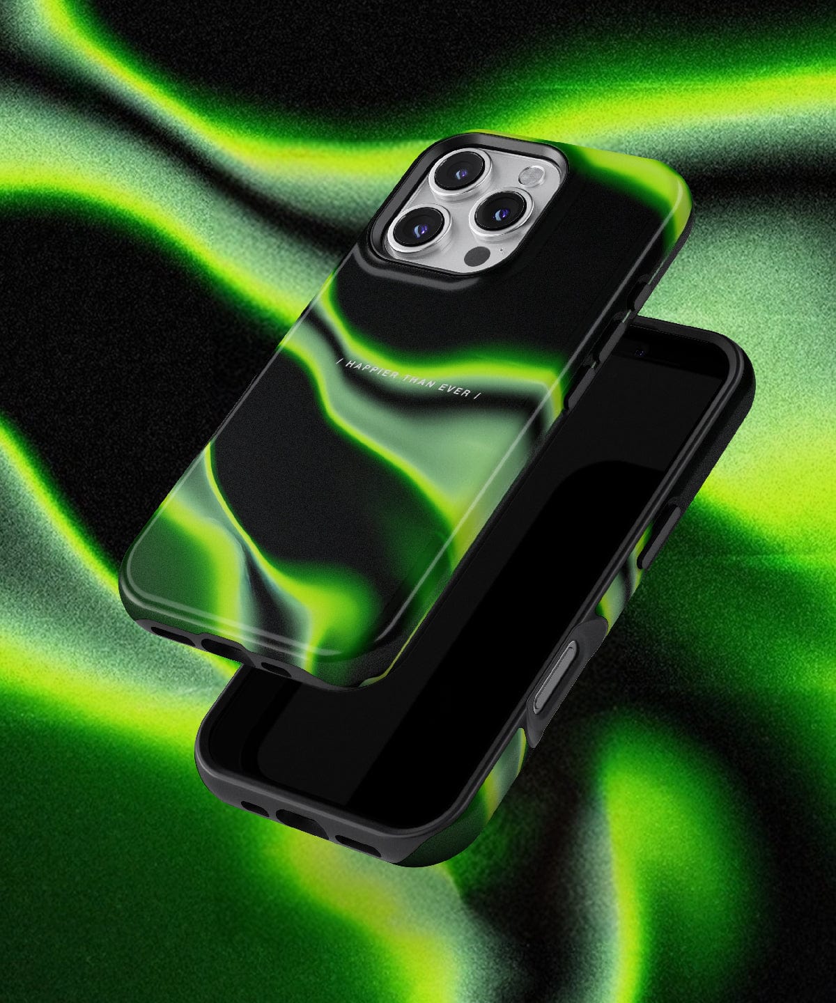 Two iPhone 16 Pro Max devices, each featuring the Abstract Wave case with the "Happier Than Ever" quote, in green and black designs are displayed against a matching background, emphasizing their sleek modernity.