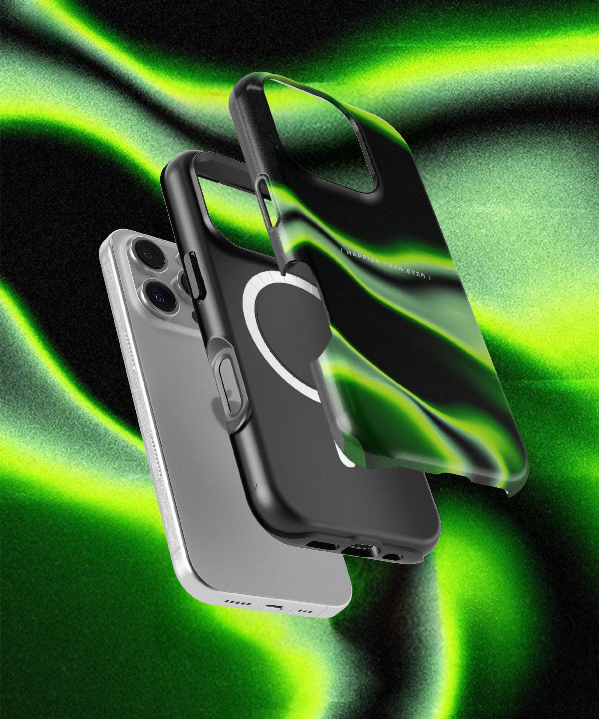 Three smartphone cases, including the sleek Abstract Wave iPhone 16 Pro Max Case with the "Happier Than Ever" quote, are suspended in mid-air against a green, swirling background. The modern design complements the dynamic setting perfectly.