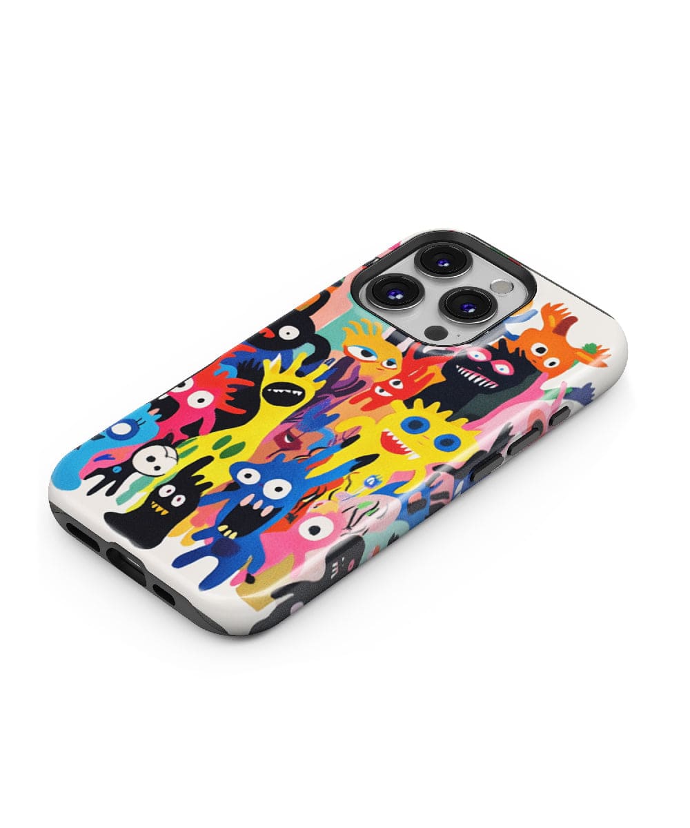 Introducing the Quirky Cartoon Monster iPhone 16 Pro Max Case – a MagSafe compatible, slim fit, shockproof PC + silicone cover featuring an eye-catching design of abstract cartoon creatures in a kaleidoscope of vibrant colors.