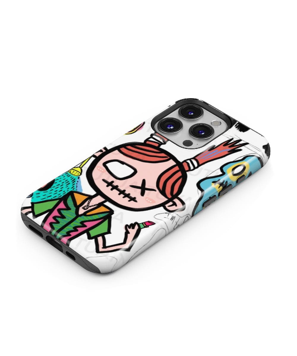 The Quirky Pop Art Girl iPhone 16 Pro Max Case offers a vibrant cartoon design featuring a colorful character with red braided hair, a stitched mouth, and bold abstract patterns. This dual-layer protection case ensures your phone stays stylishly safe while showcasing its unique street art aesthetic.