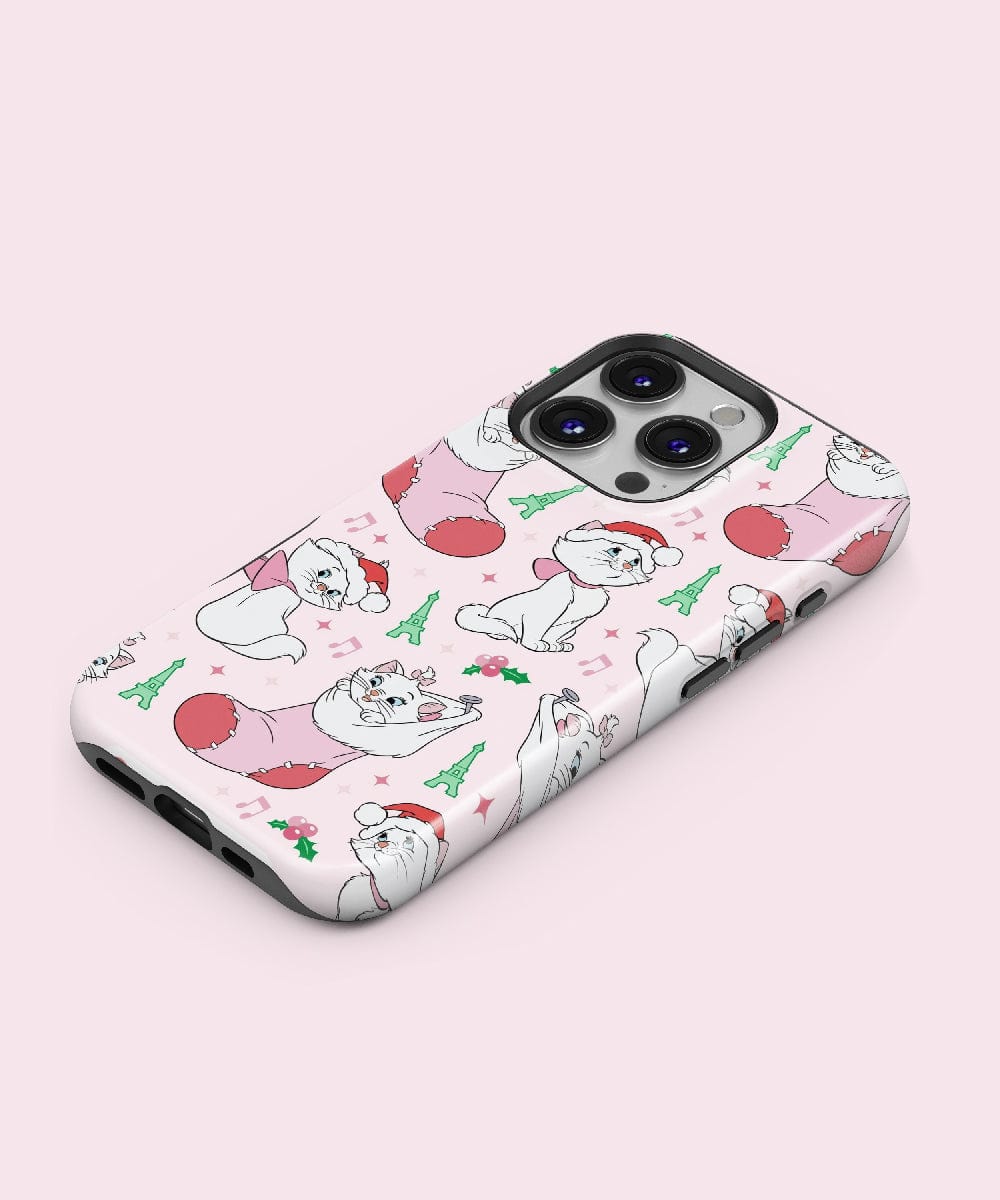 Introducing the Parisian Christmas Cat iPhone 16 Pro Max Case, featuring festive kitties adorned with red hats and sweaters, whimsically paired with small green Eiffel Towers. This MagSafe-compatible case offers a charming Parisian Christmas vibe in a delightful pink design.