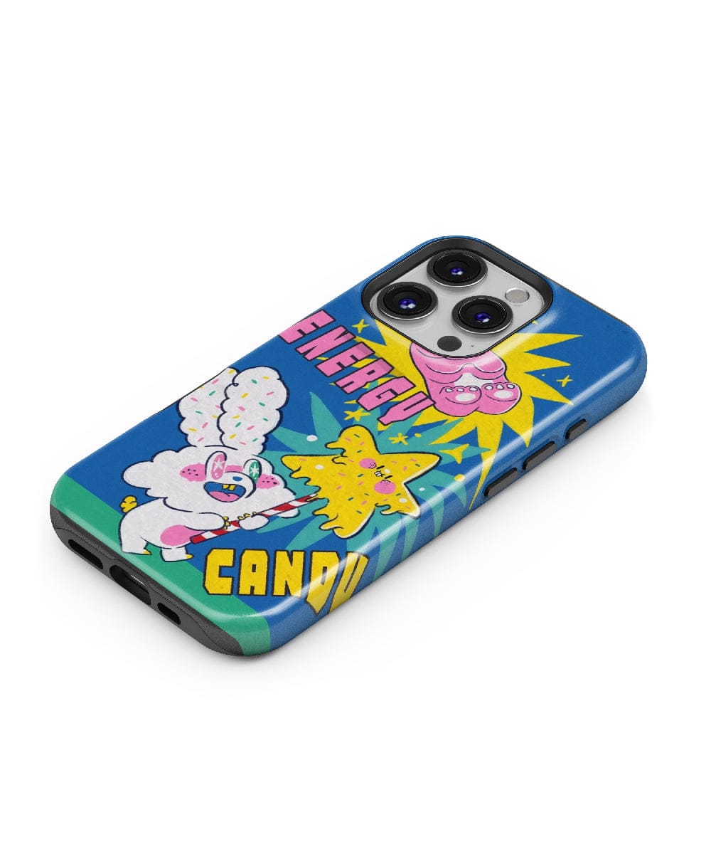 The Energetic Candy Cartoon iPhone 16 Pro Max Case features a playful pop art design with vibrant colors and cartoon graphics, including text like "Energy" and "Cando." It offers durable dual-layer protection while keeping the phone's camera lenses visible, ensuring extra security.