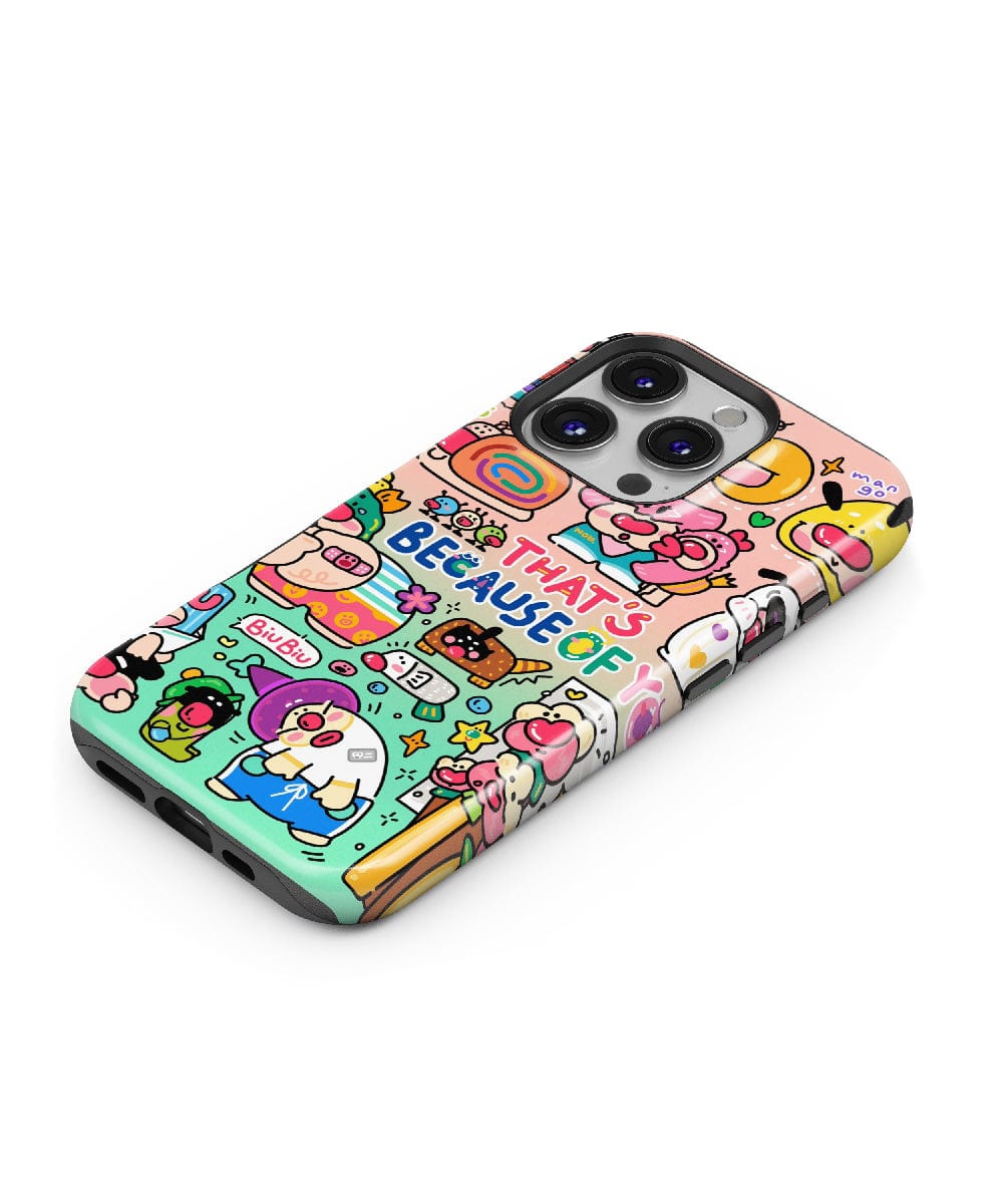 The Whimsical Cartoon Characters iPhone 16 Pro Max Case, featuring a fun doodle design, vibrant colors, and the playful phrase "That's because of this," offers a charming aesthetic and durable protection for your smartphone.