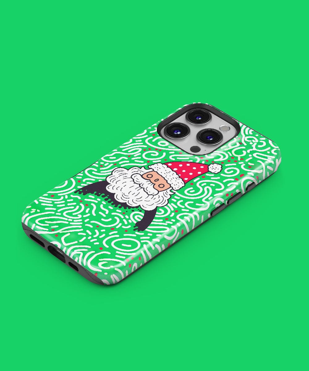 A Funky Santa iPhone 16 Pro Max Case featuring a vibrant holiday design and fun pattern, MagSafe compatible, with a green background.