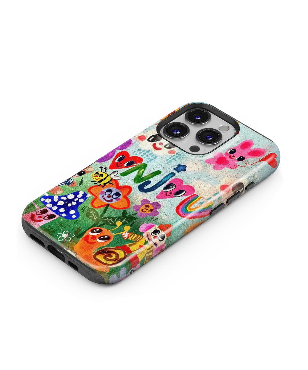 A smartphone with a Bonjour Garden iPhone 16 Pro Max case, featuring a whimsical nature design with cute cartoon characters and vibrant colors, and offering dual-layer protection.