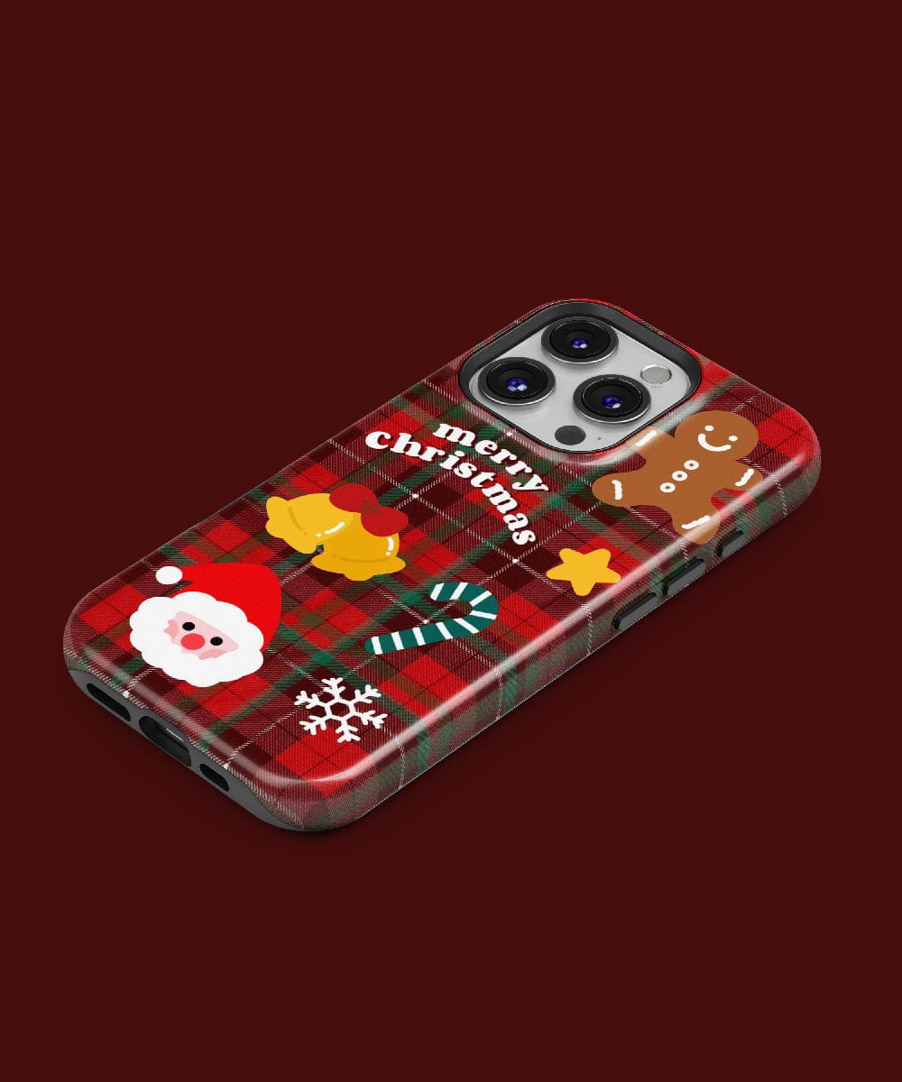 The Plaid Christmas iPhone 16 Pro Max Case features a classic holiday design with festive icons such as Santa, a gingerbread man, bells, candy cane, and "Merry Christmas" text. This MagSafe-compatible case also provides dual-layer protection to ensure your phone remains secure throughout the festive season.