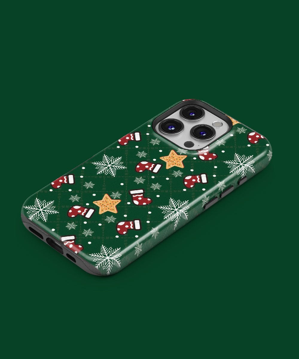 The Festive Stocking iPhone 16 Pro Max Case features a pink holiday design adorned with snowflakes and stars, providing dual-layer protection and MagSafe compatibility for your convenience.