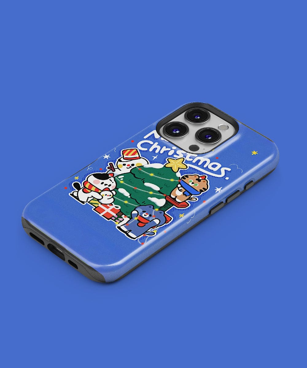 This "Merry Christmas Cartoon iPhone 16 Pro Max Case" offers a festive holiday design featuring cute characters around a Christmas tree and the text "Christmas." With its MagSafe compatibility and solid blue background, it provides durable protection while adding seasonal cheer to your phone.