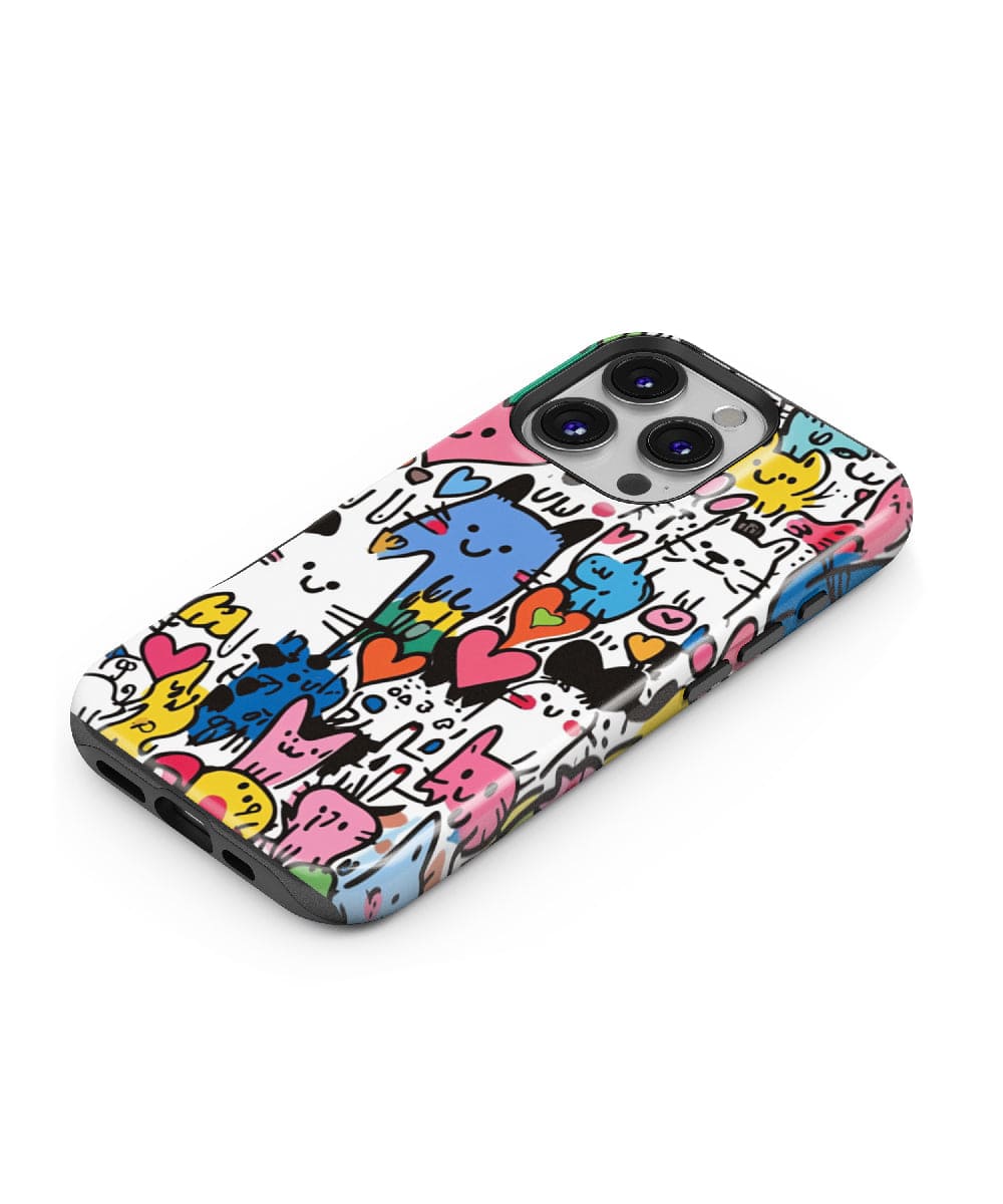 The Cute Colorful Cat iPhone 16 Pro Max Case – MagSafe Compatible, Slim Fit, Shockproof PC + Silicone Cover showcases a cartoon-themed design adorned with various doodles, hearts, and adorable characters. This case provides dual-layer protection to keep your phone both safe and stylish.