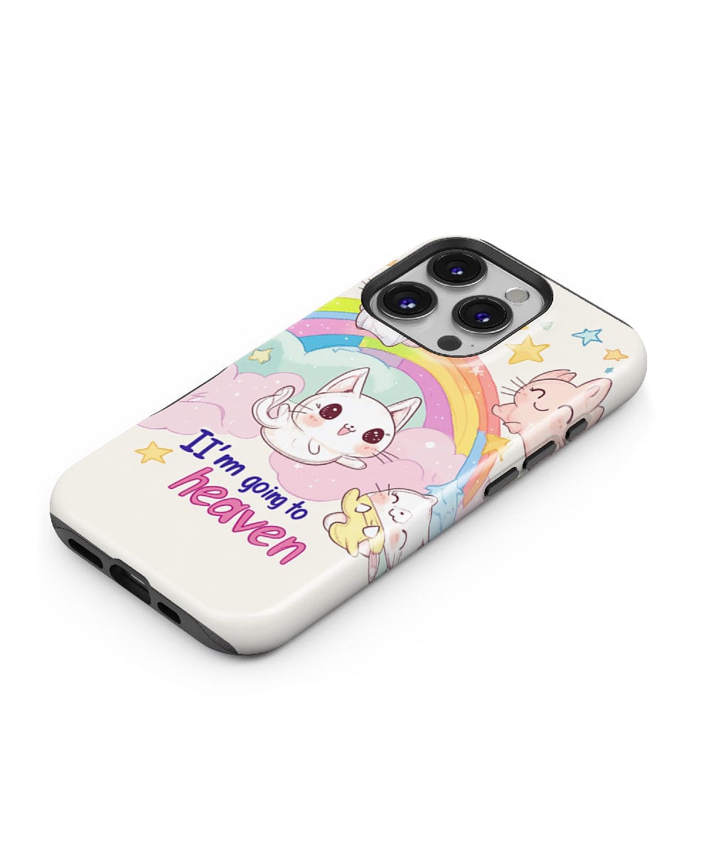 The Kawaii Cat "Going to Heaven" iPhone 16 Pro Max Case – MagSafe Compatible, Shockproof, Slim Fit PC + Silicone Cover features colorful cartoon cats, rainbows, and stars with the text "I'm going to heaven" displayed prominently. Perfect for those who adore a Kawaii Cat Design while ensuring their iPhone 16 Pro Max stays stylish and protected.