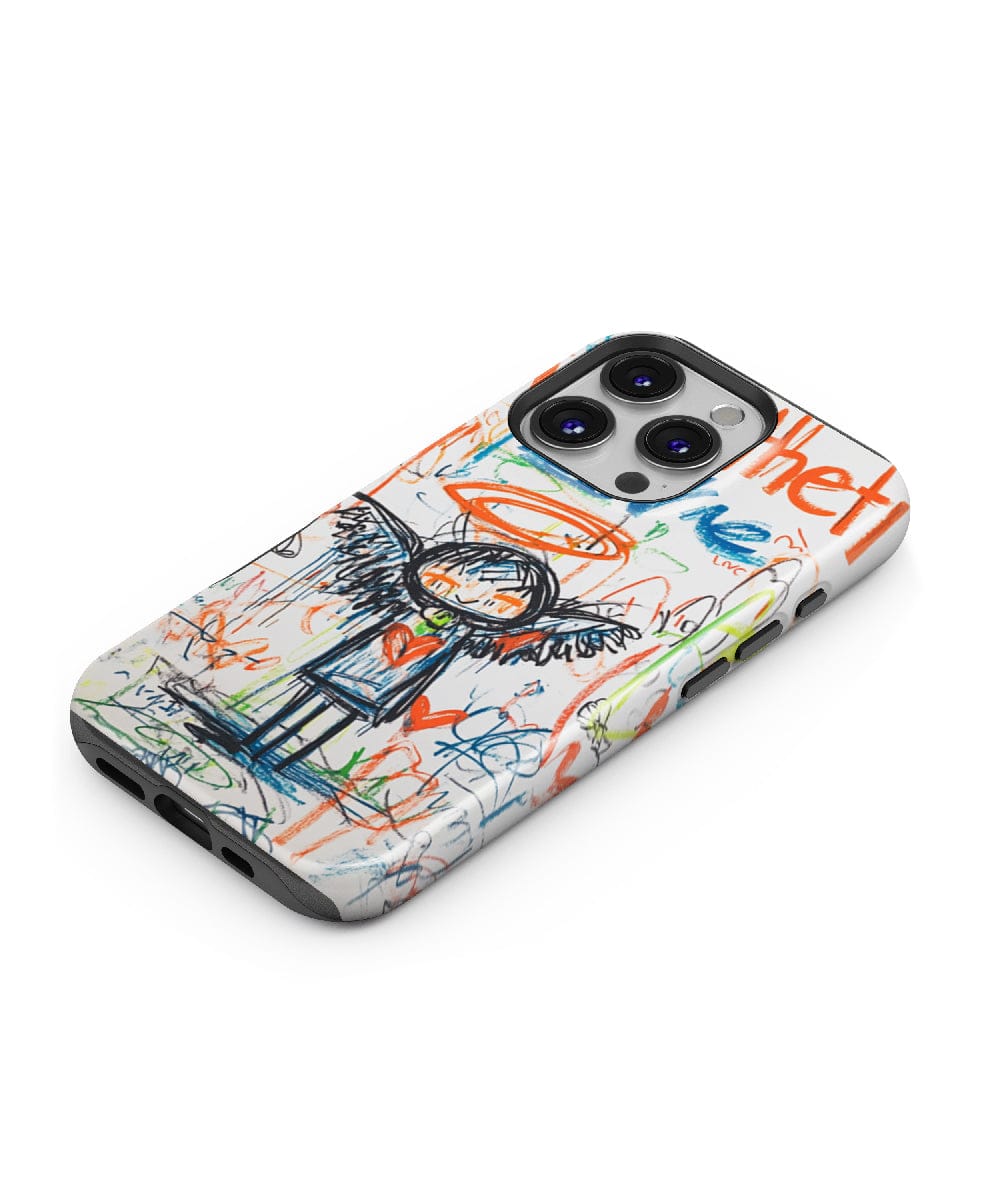 Introducing the Aesthetic Graffiti Angel iPhone 16 Pro Max Case, featuring abstract and colorful graffiti art of a winged figure with a halo. This slim-fit, shockproof case offers dual-layer protection and is MagSafe compatible.