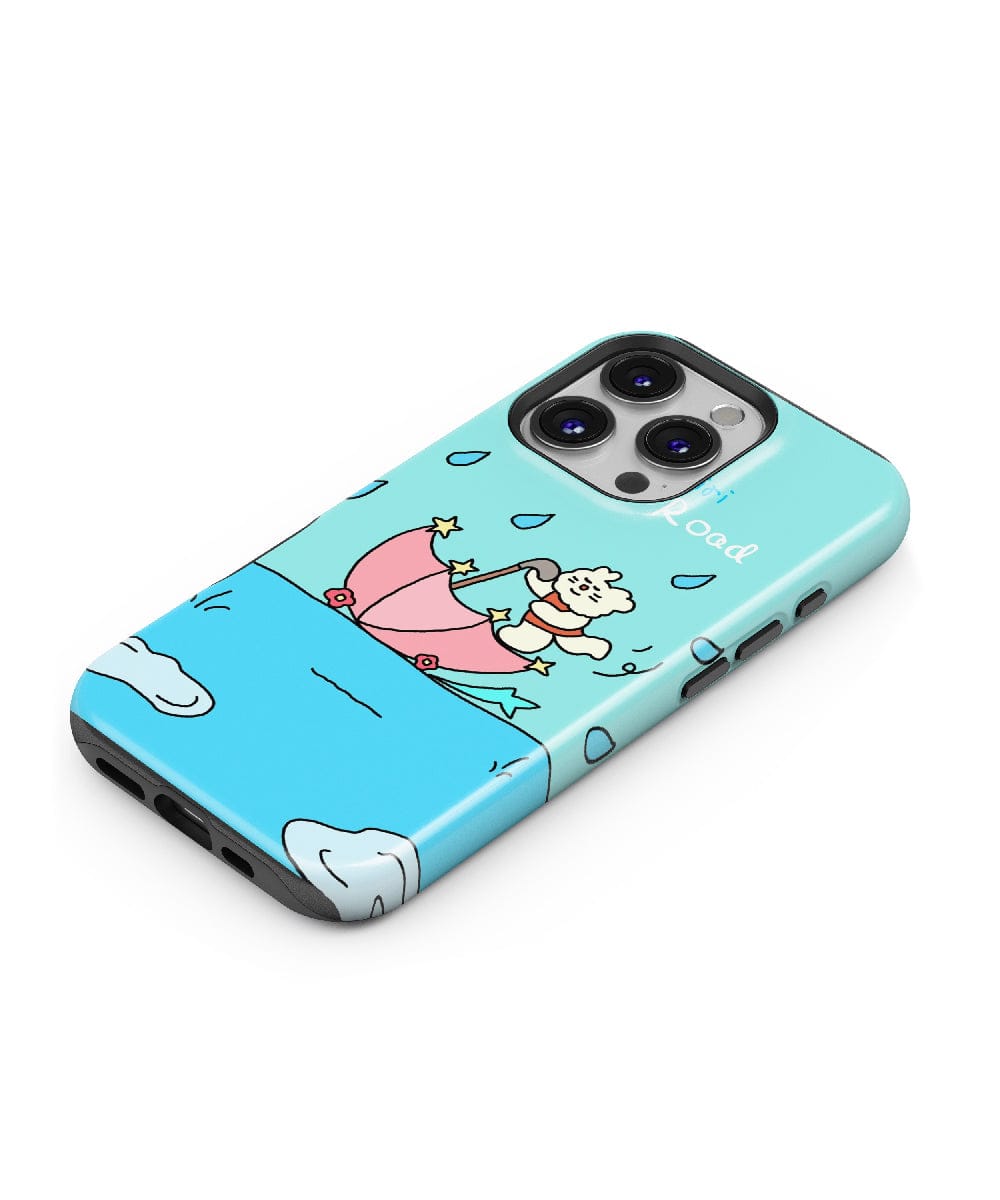 Blue iPhone 16 Pro Max case featuring an adorable cartoon bear with an umbrella illustration, offering slim fit and shockproof protection with its PC + Silicone design, MagSafe compatible.