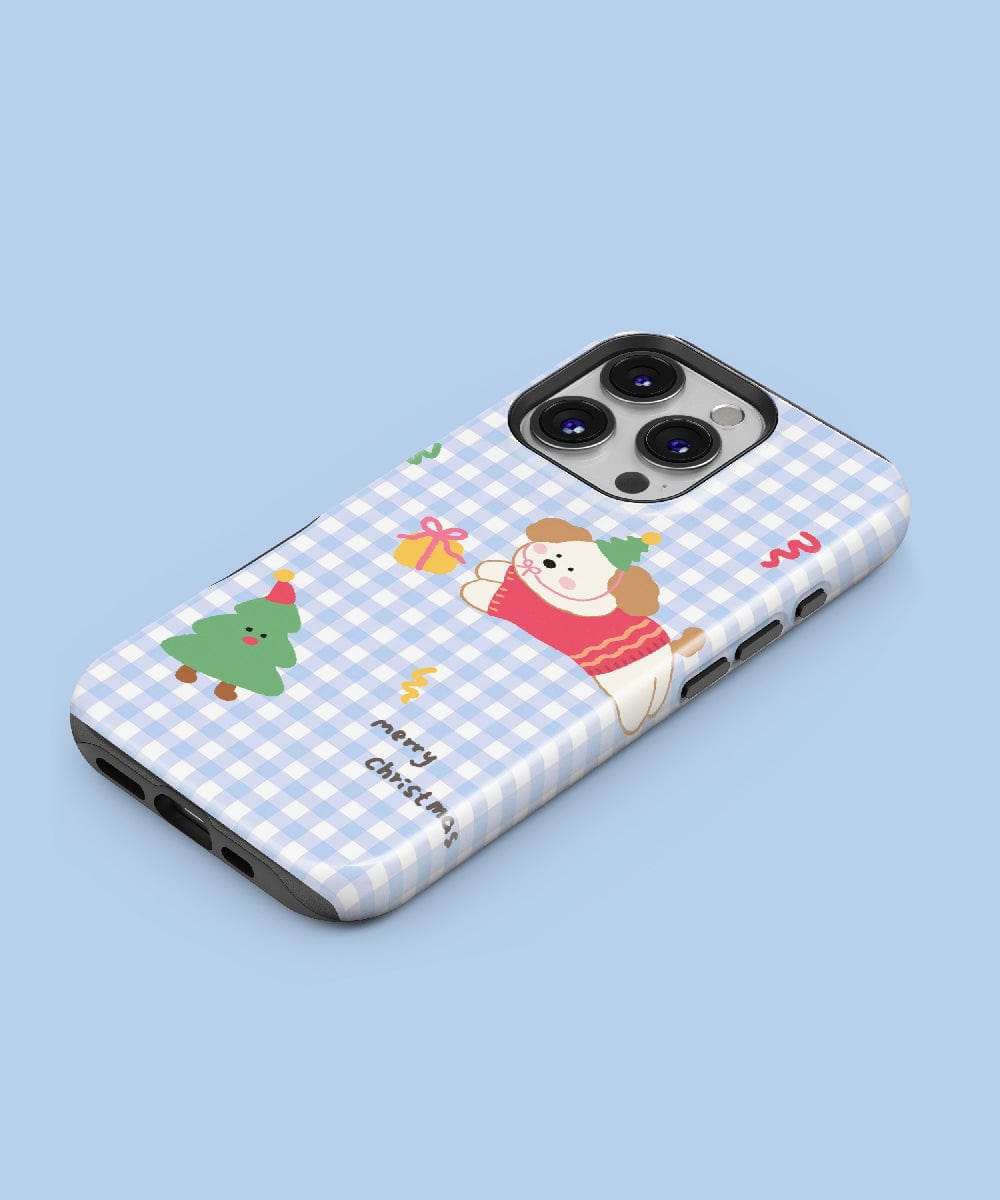 Gingham Christmas Puppy iPhone 16 Pro Max Case with a cute holiday dog design, featuring a charming, festive pattern. This case adds holiday spirit to your device while maintaining seamless charging compatibility with MagSafe.