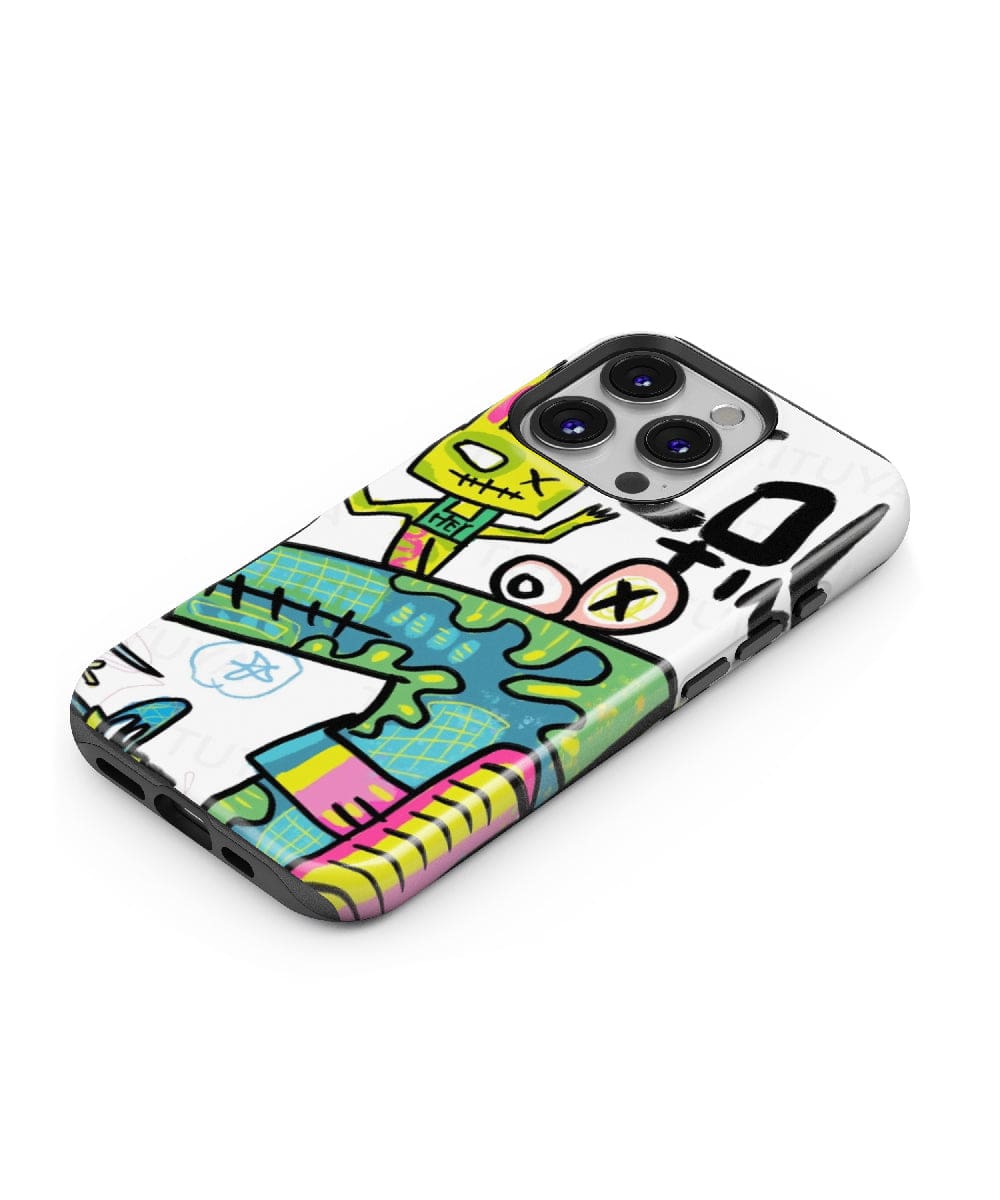 An Abstract Street Art iPhone 16 Pro Max Case with a bold graffiti-inspired design, featuring vibrant colors, cartoon-like characters, and geometric shapes for an urban aesthetic.