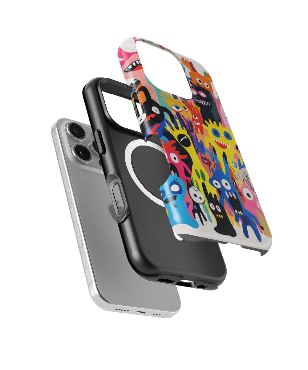 An iPhone 16 Pro Max, a black phone case, and a Quirky Cartoon Monster iPhone 16 Pro Max Case with vibrant illustrations, all MagSafe compatible, stacked vertically.