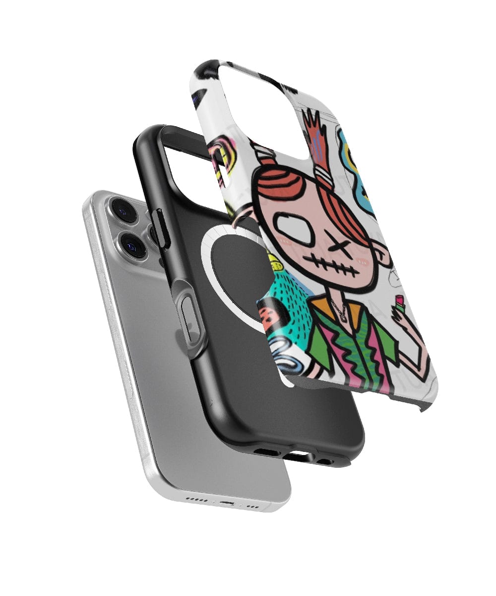 Three Quirky Pop Art Girl iPhone 16 Pro Max cases are displayed, featuring an outer layer with a vibrant cartoon design and bold colors inspired by street art, while the inner layers offer dual-layer protection in solid colors for enhanced safety.