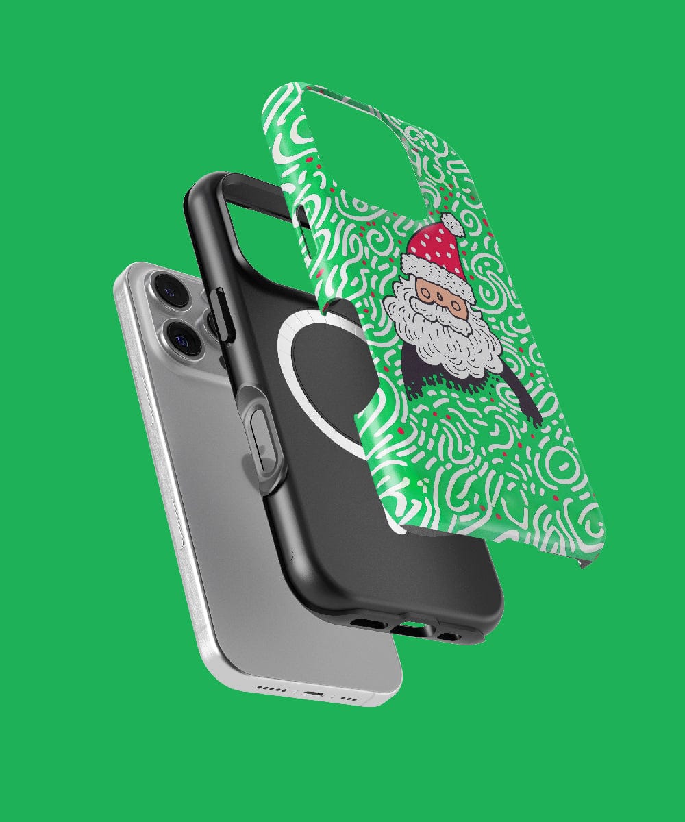 The Funky Santa iPhone 16 Pro Max Case, featuring a vibrant holiday design and fun pattern, showcases an exploded view with an inner black layer and a vibrant outer green layer. This MagSafe-compatible case is the perfect stylish and convenient addition to your holiday season.