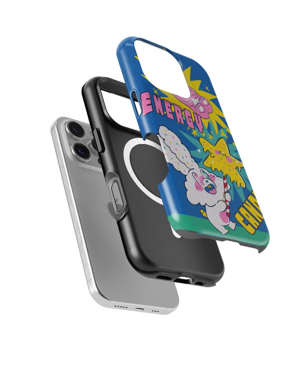 Four layers of the Energetic Candy Cartoon iPhone 16 Pro Max Case – Fun Pop Art Design, Bold Colors, Playful Aesthetic, illustrating the durable dual-layer protection with an exterior cover featuring an energetic candy cartoon design, an inner protective shell, a metallic ring, and the phone itself.