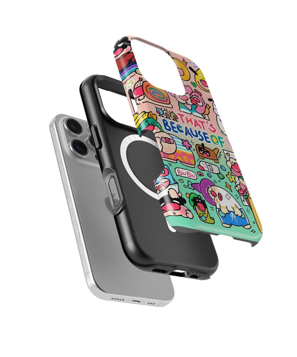 Three iPhone cases in midair are shown, including a plain silver case, a black case with a circular ring, and the Whimsical Cartoon Characters iPhone 16 Pro Max Case – Fun Doodle Design, featuring vibrant colors and playful graphics that offer durable protection.