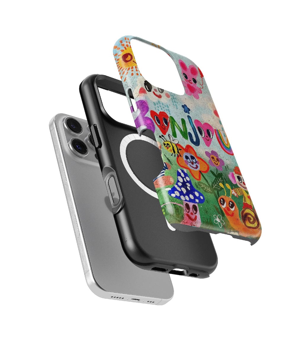 Three Bonjour Garden iPhone 16 Pro Max cases with whimsical nature designs, featuring cute cartoon characters and vibrant colors, are shown floating above a white smartphone.