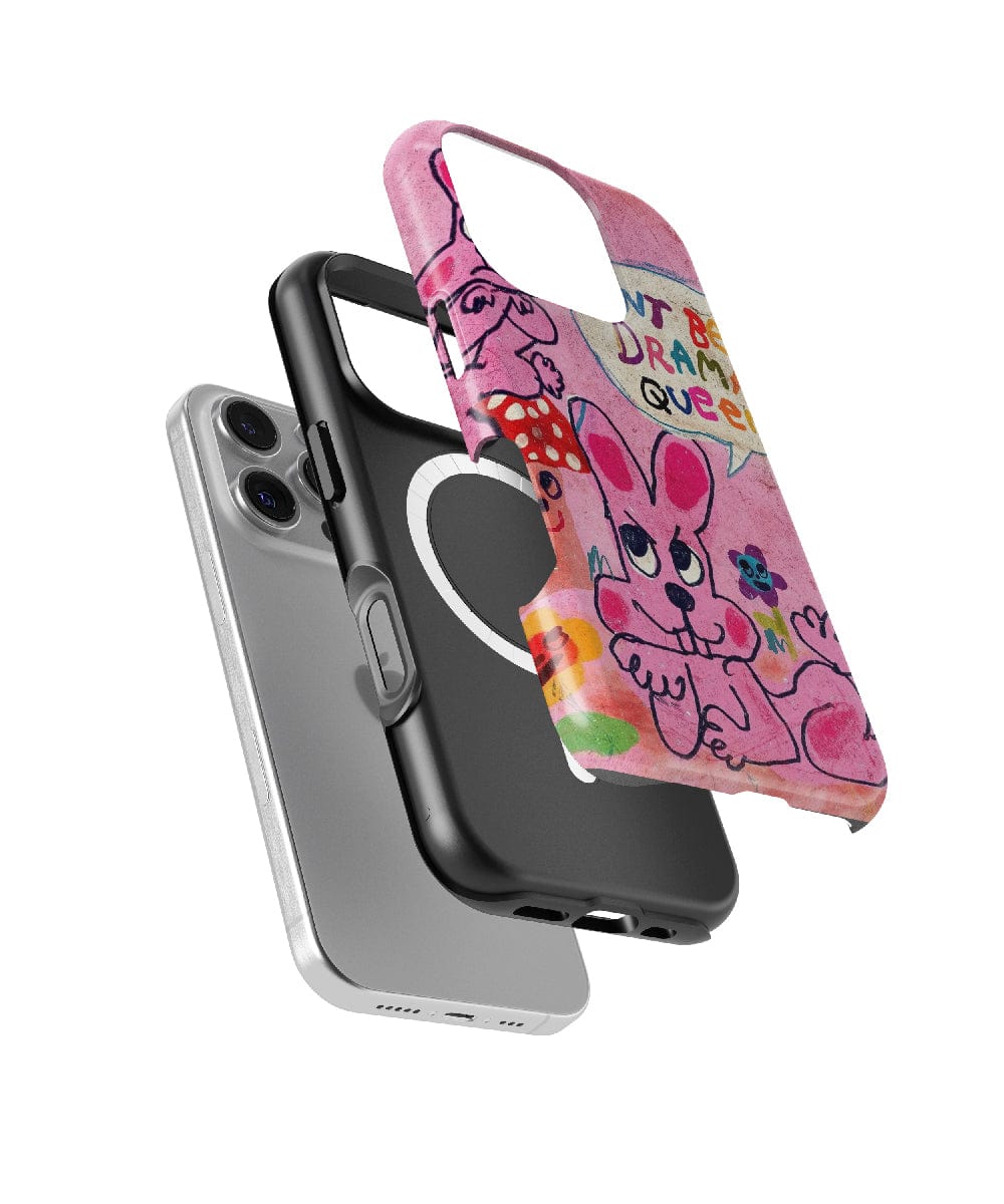 Disassembled view of an iPhone 16 Pro Max with the Pink Bunny "Don’t Be a Drama Queen" case, showcasing a three-piece protective design featuring quirky cartoon characters and bold colors, offering shockproof protection with a fun aesthetic.