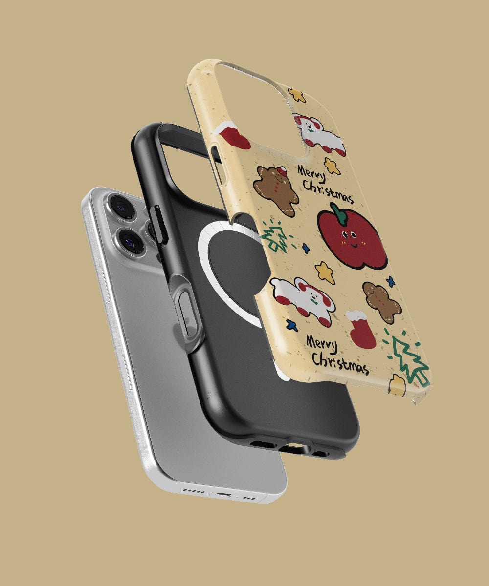 Three phone cases with various designs, one showcasing a festive Merry Christmas theme, are neatly arranged above a smartphone on a neutral background. Featured among them is the iPhone 16 Pro Max case named "Cute Christmas Treats," which offers dual-layer protection for enhanced durability with its gingerbread, stockings, and stars design and is MagSafe compatible.