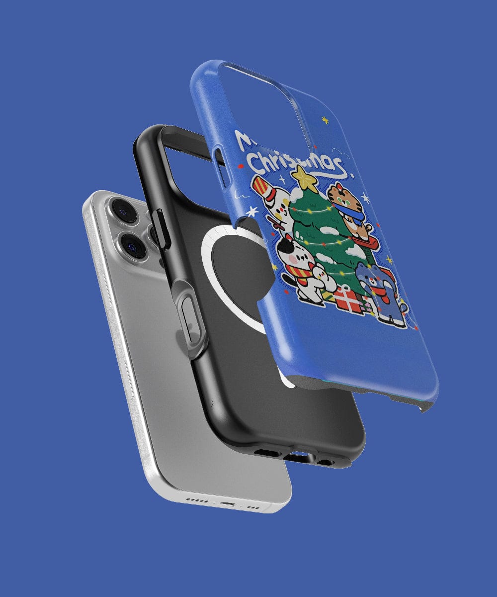 Three Merry Christmas Cartoon iPhone 16 Pro Max cases and a smartphone set against a blue background showcase festive flair. These MagSafe-compatible cases are available in black, silver, and blue with Christmas designs, offering stylish and durable protection for your iPhone this holiday season.