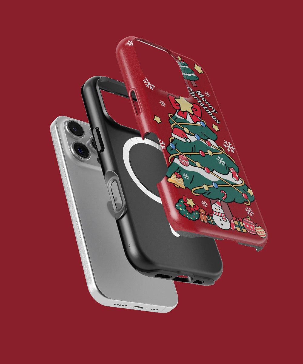 The set features three unique smartphone cases against a red backdrop: a festive Christmas Tree iPhone 16 Pro Max Case with holiday-themed ornaments, which is MagSafe Compatible; a sleek black case with Dual-Layer Protection; and an elegant silver case.