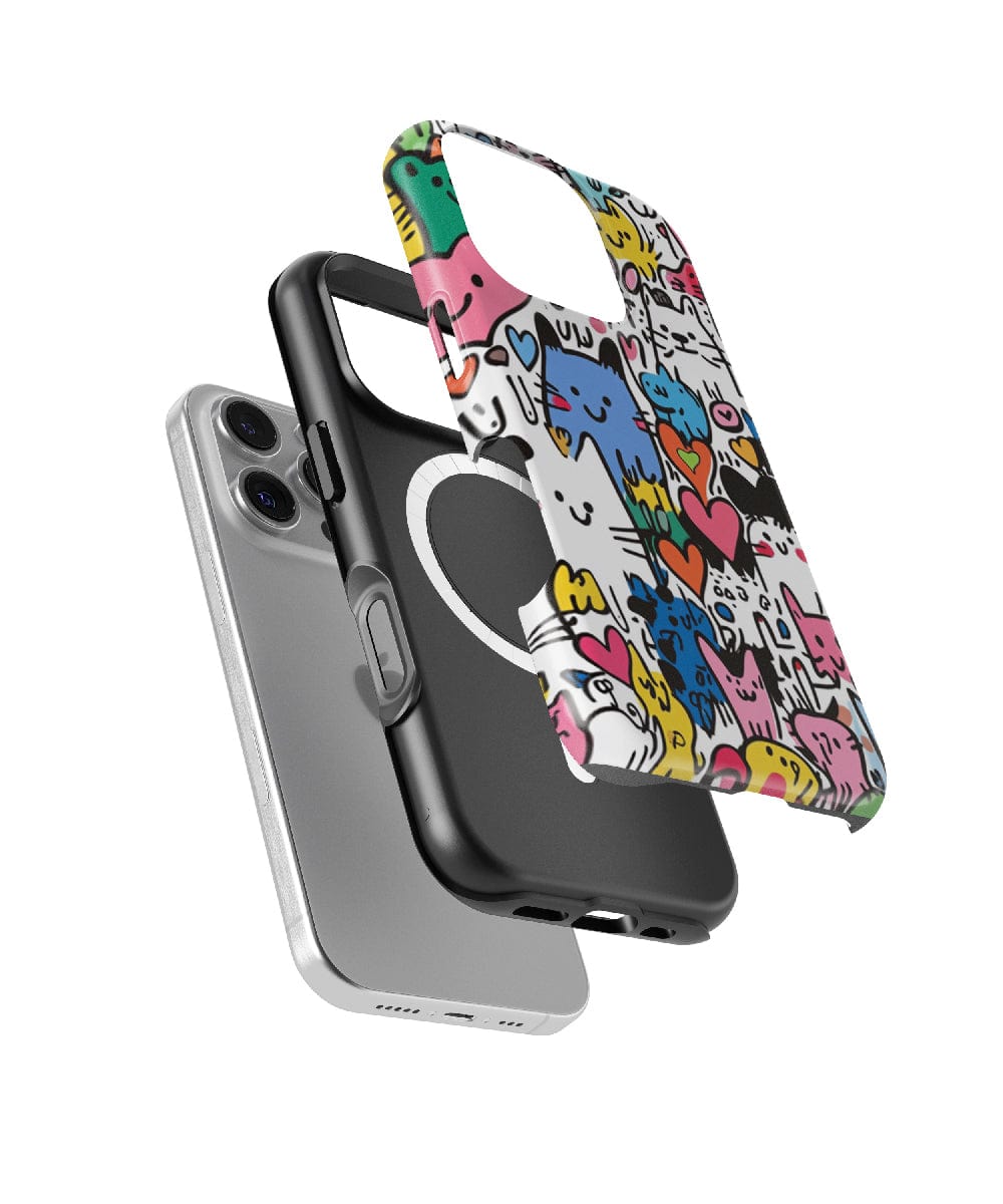 The Cute Colorful Cat iPhone 16 Pro Max Case – MagSafe Compatible, Slim Fit, Shockproof PC + Silicone Cover features a charming cartoon design and is displayed in three parts: the phone, an inner black bumper for Dual-Layer Protection, and an outer shell with vibrant patterns. It also offers the convenience of MagSafe compatibility for easy charging.