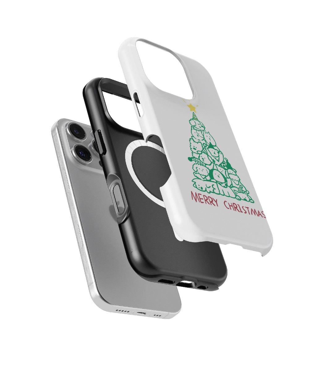 Three iPhone 16 Pro Max cases are stacked vertically: a silver case, a black case, and a white one, each adorned with the Cute Animal Christmas Tree design and "Merry Christmas" text. These cases are all MagSafe compatible, offering a festive yet functional touch for the holiday season.