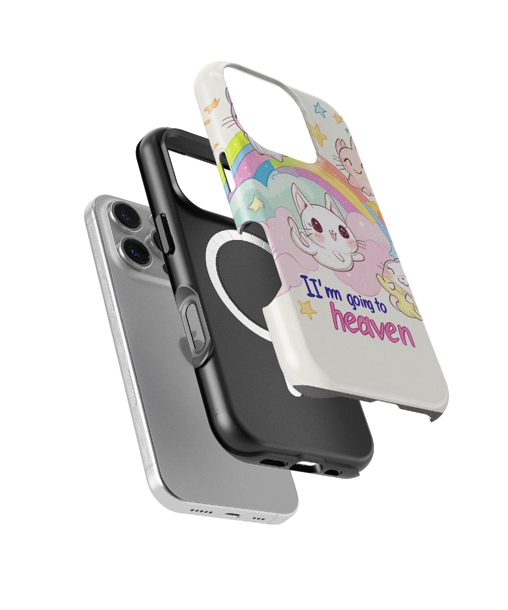 A silver iPhone 16 Pro Max with three different cases: one is black, another is clear with a ring on the back, and a third features the Kawaii Cat "Going to Heaven" design, offering dual-layer protection and compatibility with MagSafe.