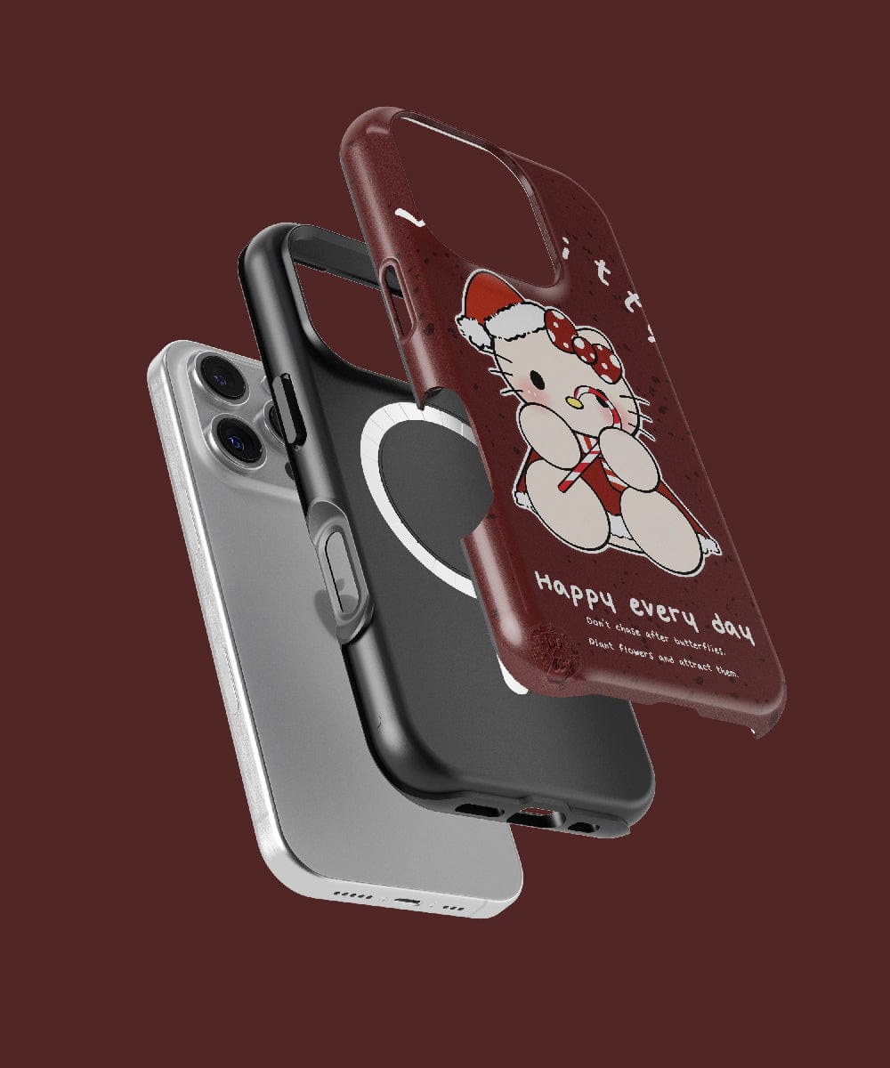 Explore three stylish cases: a sleek silver case, an iPhone 16 Pro Max case in black with a heart cutout, and the vibrant red Christmas Lucky Kitty Case featuring a festive cute cat design and "Happy every day" text. Each case is MagSafe-Compatible for seamless charging and protection.