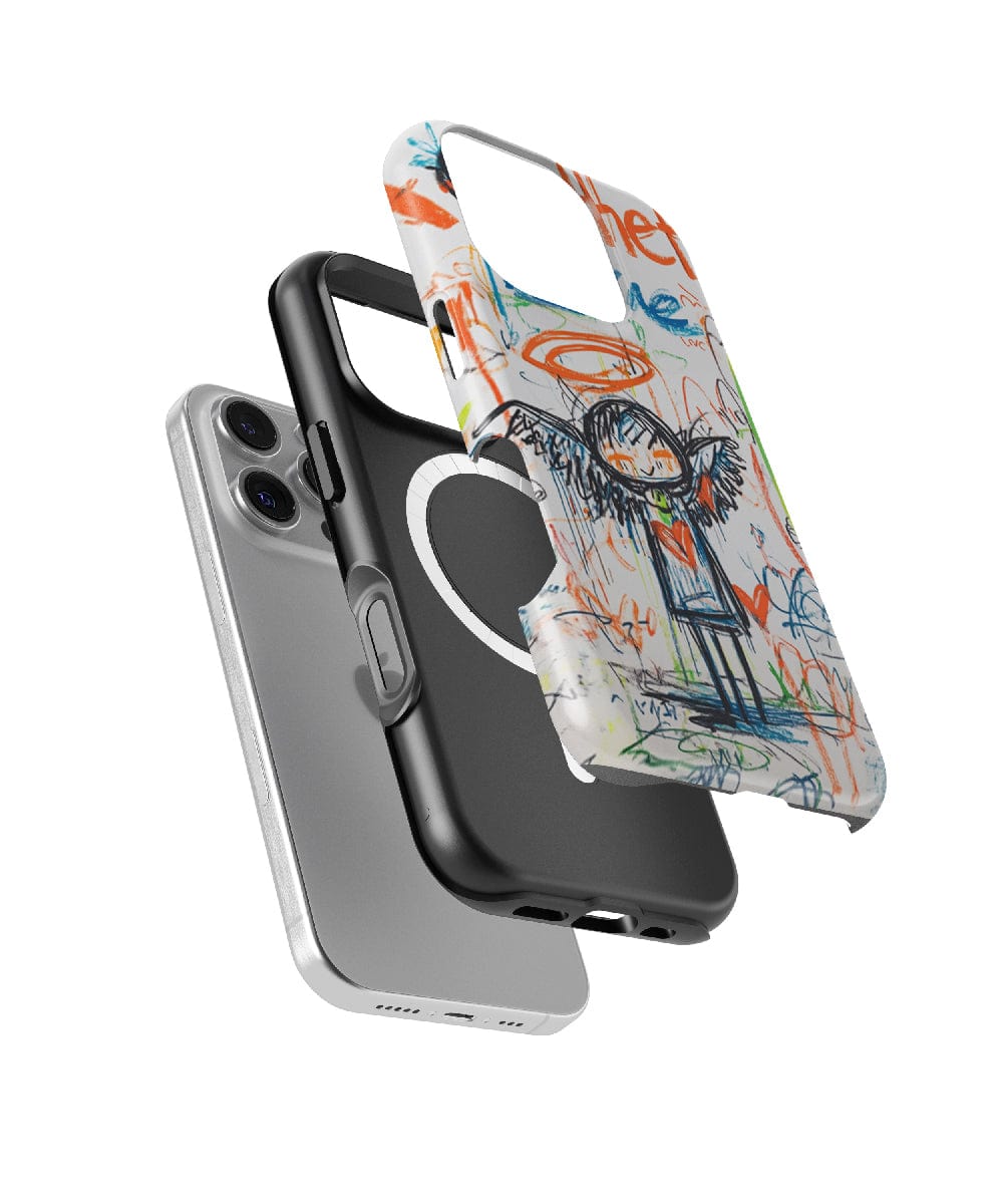 One phone case is silver with a camera cutout, another one is black featuring a MagSafe compatible circular attachment, and the third case is an Aesthetic Graffiti Angel iPhone 16 Pro Max Case – MagSafe Compatible, Slim Fit, Shockproof PC + Silicone Cover showcasing vibrant graffiti artwork. All three cases are shown in a stacked arrangement.