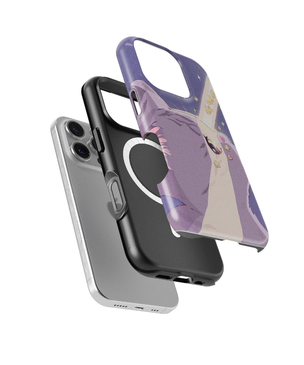 Exploded view of the Dreamy Cat with Starbeam iPhone 16 Pro Max Case – Cosmic Cat Design: a pastel purple outer layer featuring a whimsical Dreamy Cat with Starbeam illustration, a black middle layer equipped with a ring attachment, and a white smartphone. The case is MagSafe compatible.