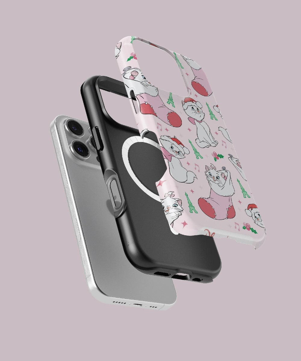 Displayed against a light purple background are three MagSafe-compatible phone cases, featuring the Parisian Christmas Cat iPhone 16 Pro Max Case with its festive kitty design and Eiffel Tower accents, along with a black case with a ring and a silver case for the iPhone 16 Pro Max.