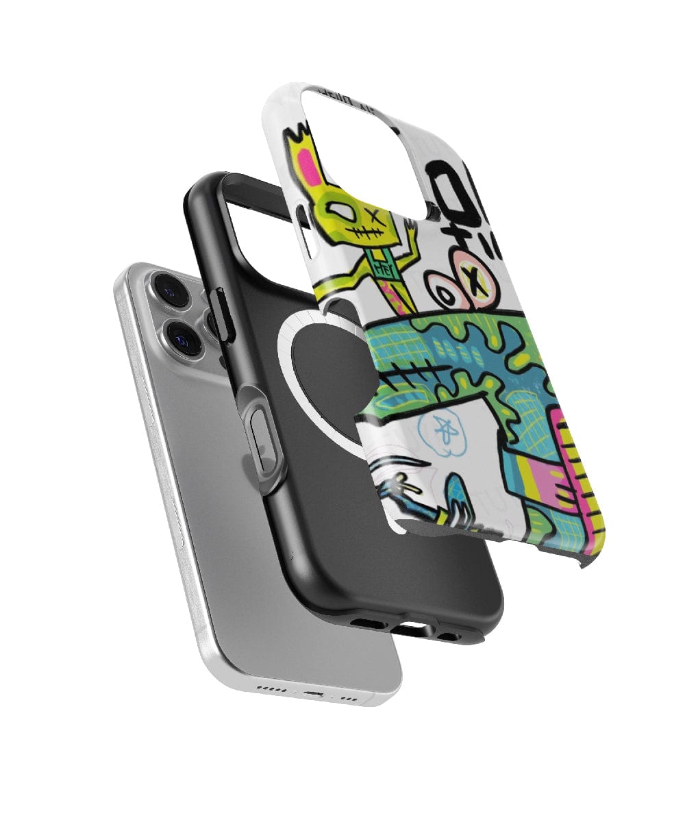 Exploded view of an iPhone with three protective cases in black, gray, and the Abstract Street Art iPhone 16 Pro Max Case – featuring a bold graffiti-inspired design with vibrant colors and an urban aesthetic offering shockproof protection.