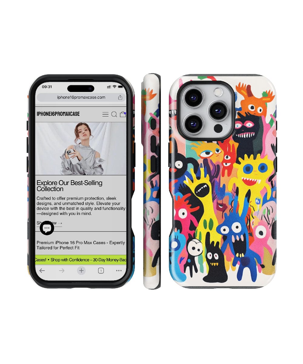 A smartphone displaying a website is next to an iPhone 16 Pro Max with a Quirky Cartoon Monster case featuring expressive monster designs. The website showcases phone cases, including MagSafe compatible designs, and the case on the phone offers slim fit and shockproof protection with its PC + Silicone cover.