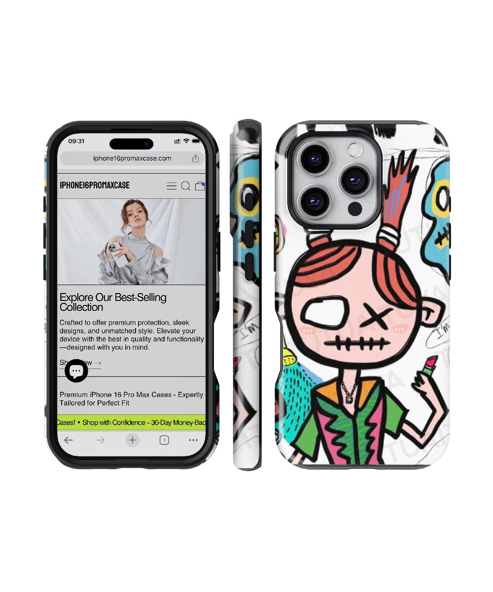 Two smartphones side-by-side flaunt the Quirky Pop Art Girl iPhone 16 Pro Max cases, showcasing a vibrant cartoon design of a red-haired character with a skull-like face. One phone displays a website detailing the dual-layer protection and unique street art style of these bold, colorful cases.