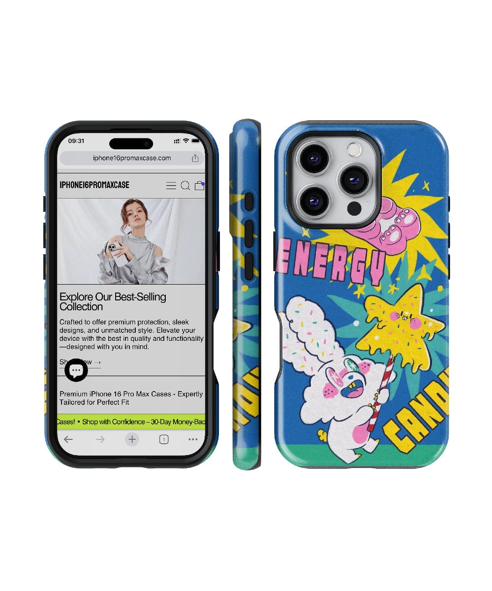 The Energetic Candy Cartoon iPhone 16 Pro Max Case offers durable dual-layer protection and features a colorful, comic-style design of stars and text. The screen showcases a webpage from a phone case retailer highlighting their best-selling Fun Pop Art Design collection, marked by its bold colors and playful aesthetic.