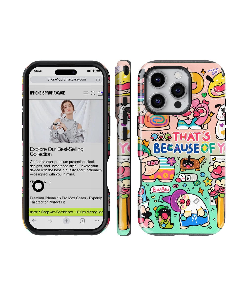 Two iPhones are shown in Whimsical Cartoon Characters iPhone 16 Pro Max Cases, adorned with fun doodle designs and vibrant colors. One screen displays an online store webpage, while the other showcases the playful aesthetic on the back, offering both charm and durable protection.