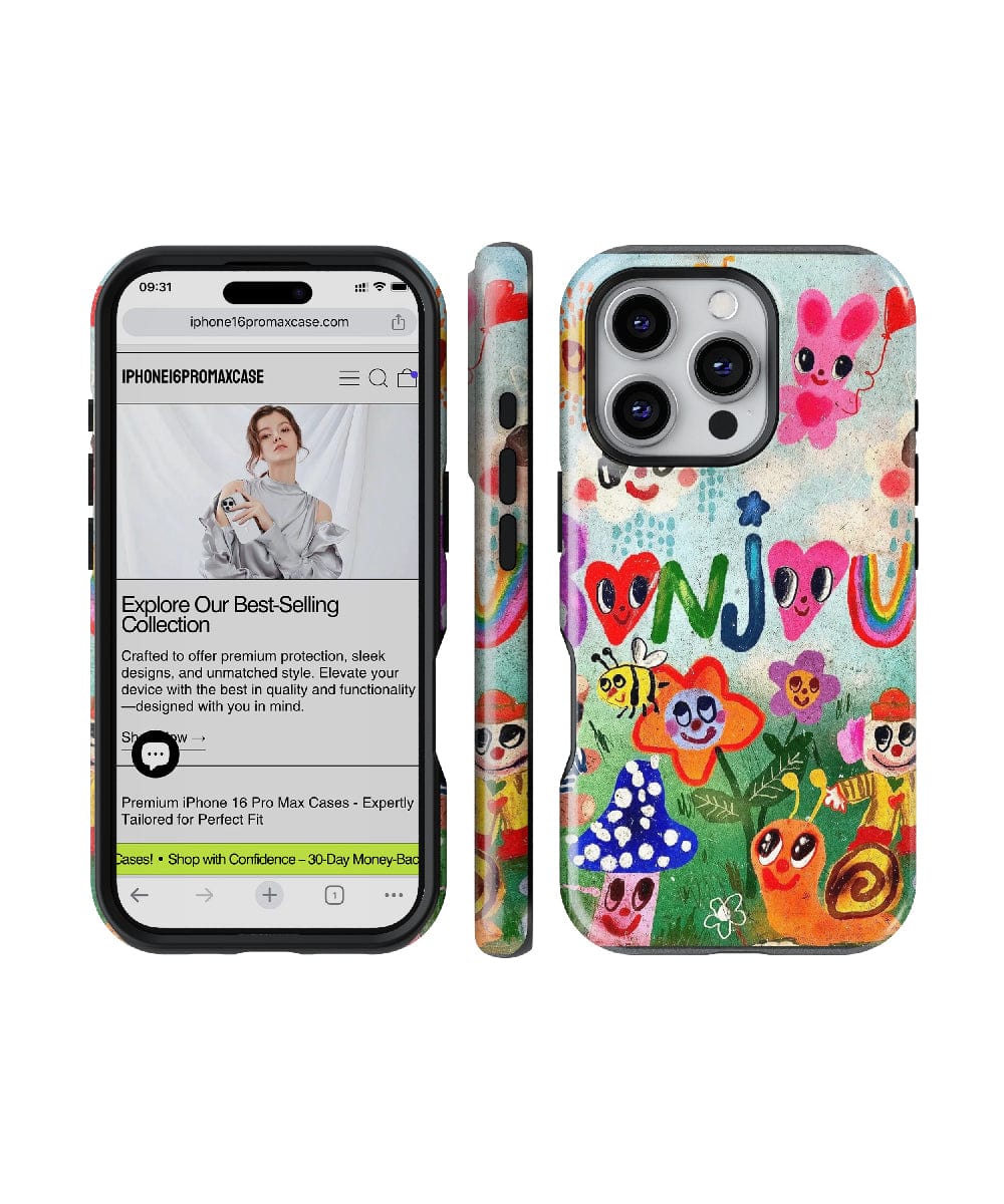 Two iPhones are shown, one displaying a website and the other showcasing the Bonjour Garden iPhone 16 Pro Max Case, featuring a whimsical nature design with cute cartoon characters and vibrant colors. This charming case offers dual-layer protection for your device while adding a touch of playful charm.