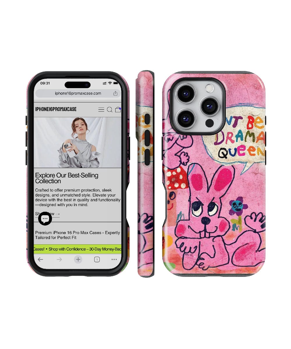 Two iPhones in pink and blue bunny-themed cases. One phone, an iPhone 16 Pro Max with shockproof protection, displays an online shopping website, while the other shows the back design featuring the Pink Bunny "Don’t Be a Drama Queen" iPhone 16 Pro Max Case – quirky cartoon design, bold colors, and a fun aesthetic.