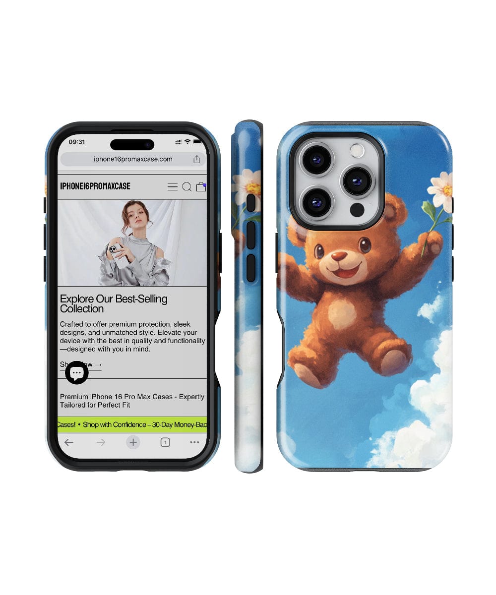 An iPhone 16 Pro Max displays a webpage featuring the Adorable Teddy Bear iPhone 16 Pro Max Case – MagSafe Compatible, Slim Fit, Shockproof PC + Silicone Design. Next to it is the same phone case with an illustration of a teddy bear holding a flower against a blue sky, ensuring dual-layer protection for your device.