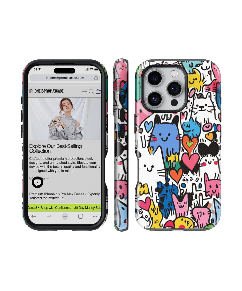 An iPhone 16 Pro Max displaying a website next to another iPhone 16 Pro Max with the Cute Colorful Cat Case, featuring charming cats and hearts. This MagSafe-compatible case offers dual-layer protection with its slim fit, shockproof PC + silicone cover, ensuring your device stays safe while showcasing its adorable design.