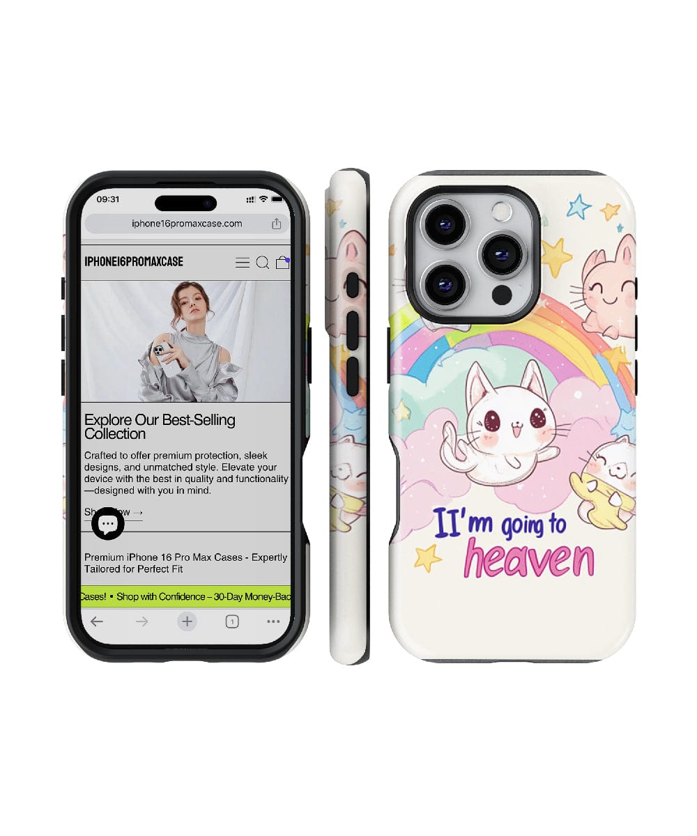 Two iPhones. One displaying a website, the other showcasing a Kawaii Cat "Going to Heaven" iPhone 16 Pro Max Case featuring cartoon cats, rainbows, and the text "I'm going to heaven." This case is MagSafe compatible, shockproof, and sports a slim fit with a durable PC + silicone cover.