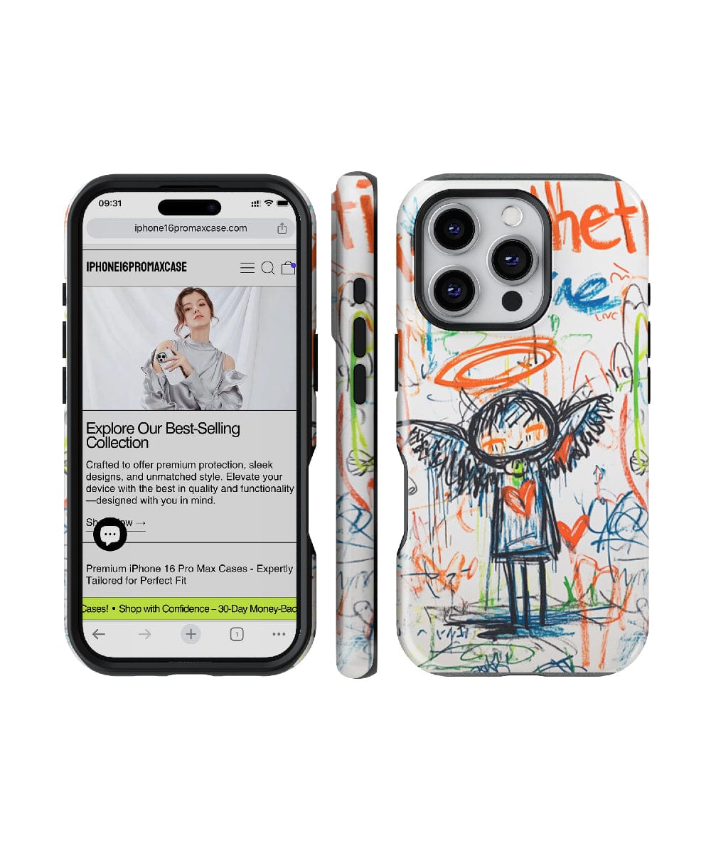 The Aesthetic Graffiti Angel iPhone 16 Pro Max Case features colorful, child-like doodles with a figure and various scribbles on a white background. The charming design is complemented by dual-layer protection that ensures durability. Additionally, the case is MagSafe compatible and shown alongside an iPhone displaying a product webpage.